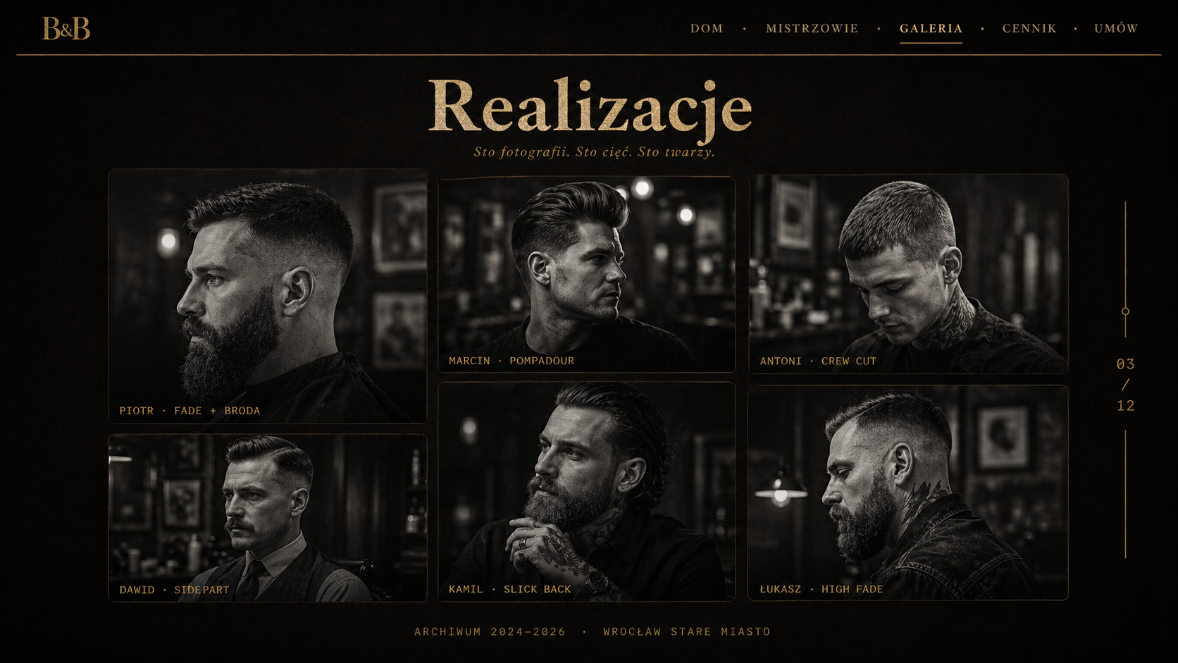 Makieta galerii realizacji barber shopu Barber & Brass — ciemny klimat, mosiądz, skóra, czarno-białe portrety