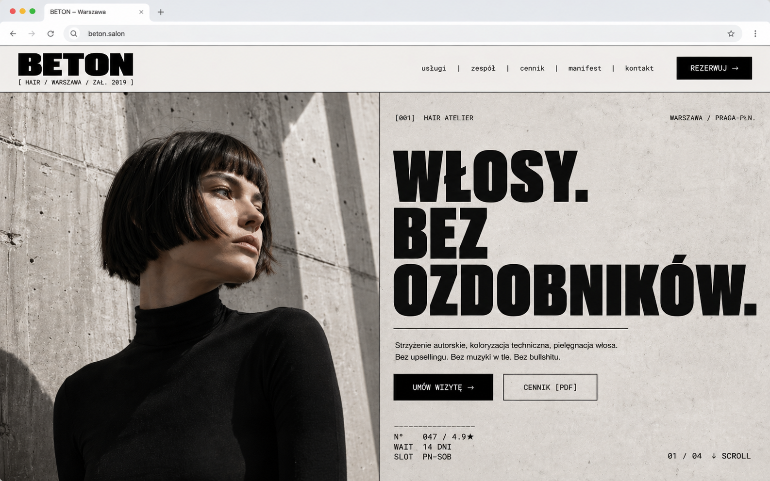 Makieta strony minimalistycznego concept salonu — Beton (brutalizm, beton, czerń, biel)