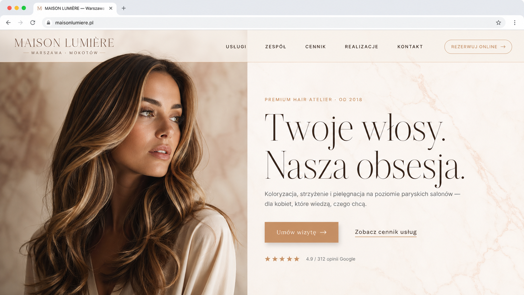 Makieta strony salonu fryzjerskiego premium — Maison Lumière (luksusowy, marmur, róż, złoto)