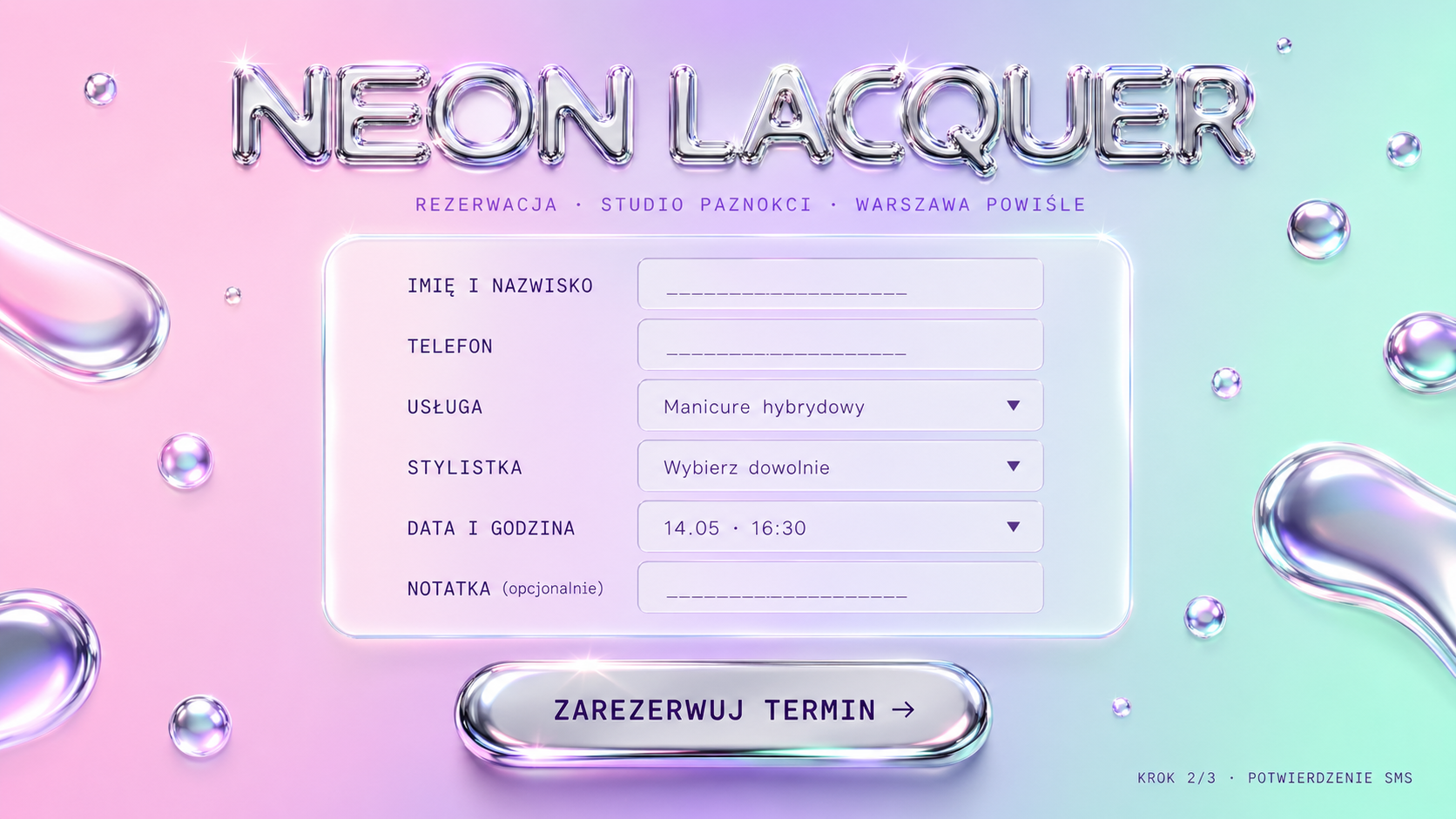 Makieta formularza rezerwacji studia paznokci Neon Lacquer — y2k, chrom, pastelowy gradient